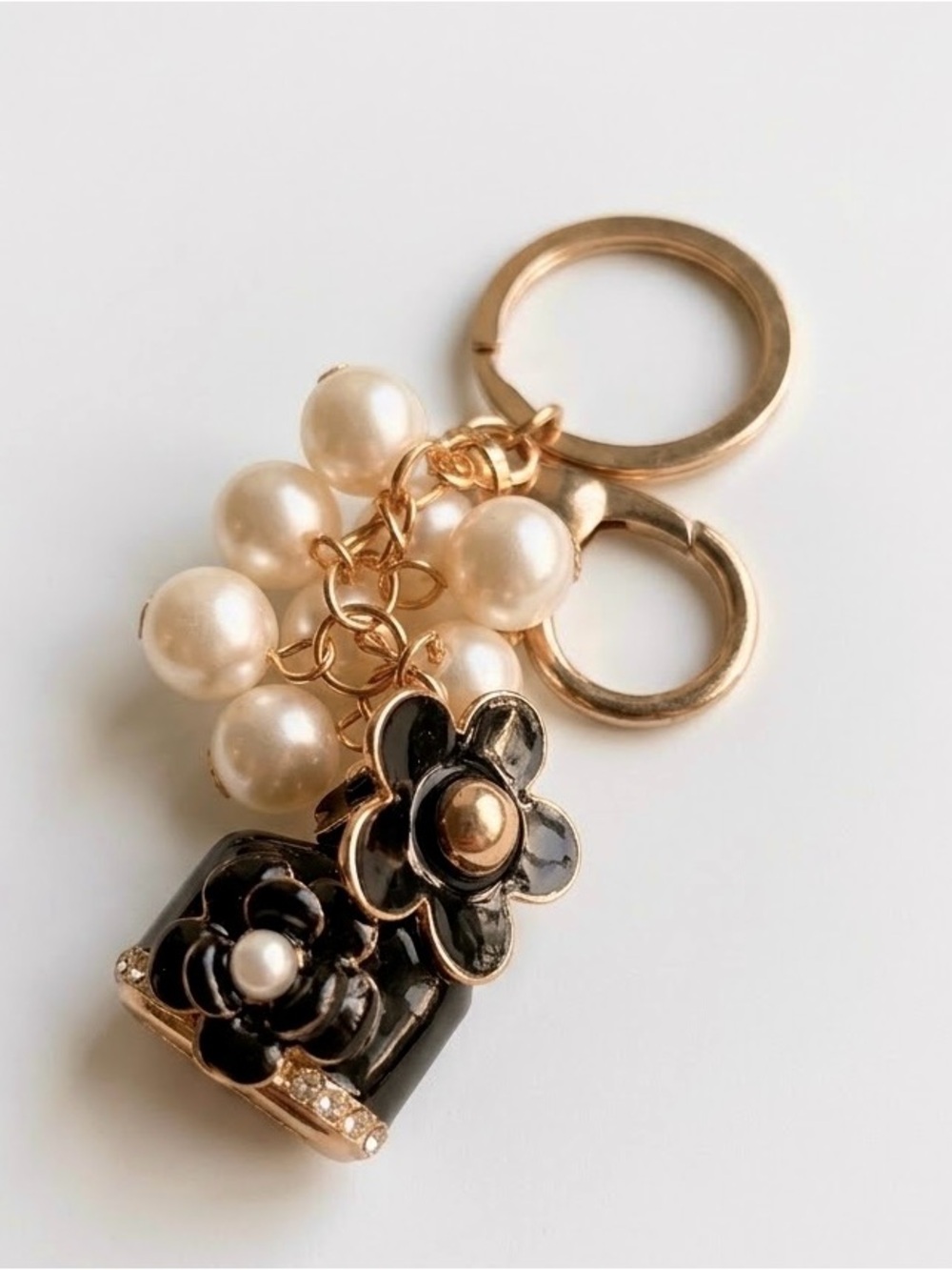 Gold Pearl & Black Flower Keychain Charm